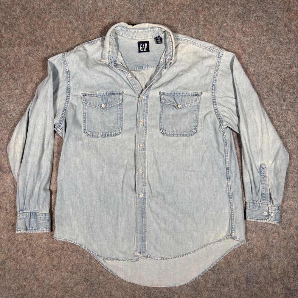 Vintage 90s Gap Denim Shirt‎ Made in USA Mens XL Light Blue Distressed Cotton